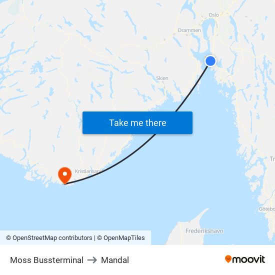 Moss Bussterminal to Mandal map