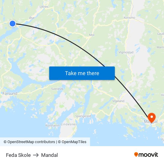 Feda Skole to Mandal map