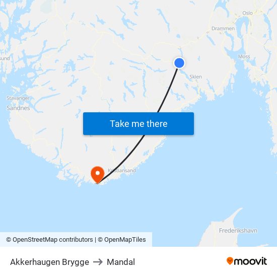 Akkerhaugen Brygge to Mandal map