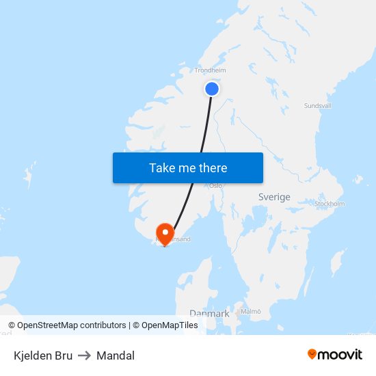 Kjelden Bru to Mandal map