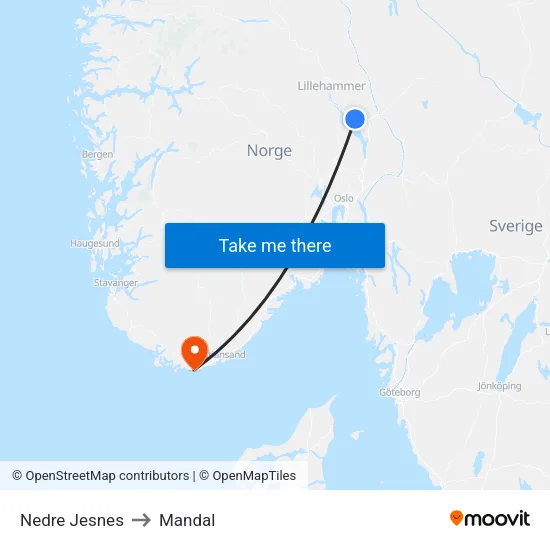 Nedre Jesnes to Mandal map