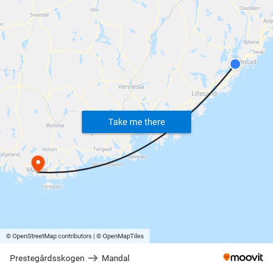 Prestegårdsskogen to Mandal map