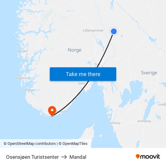 Osensjøen Turistsenter to Mandal map