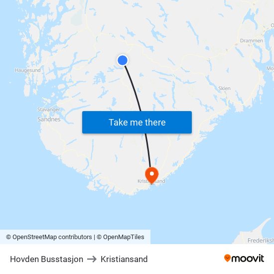 Hovden Busstasjon to Kristiansand map