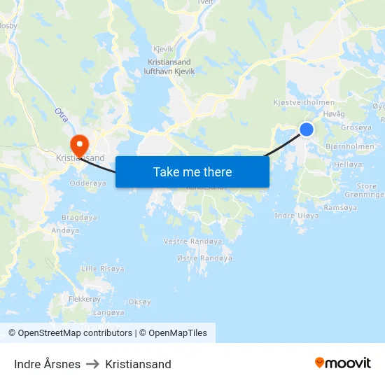Indre Årsnes to Kristiansand map