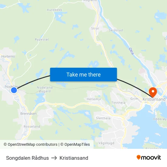 Songdalen Rådhus to Kristiansand map