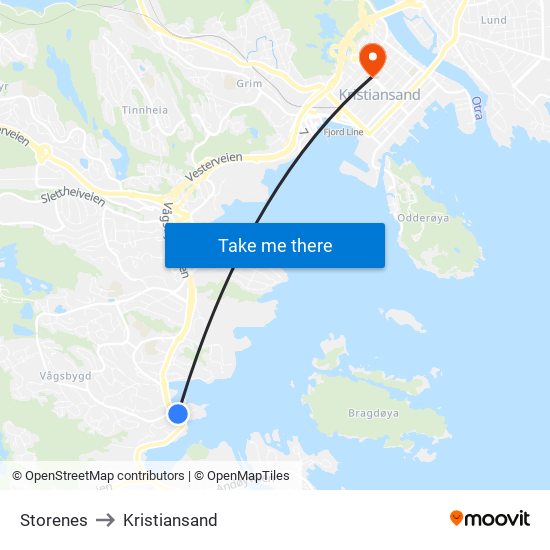 Storenes to Kristiansand map