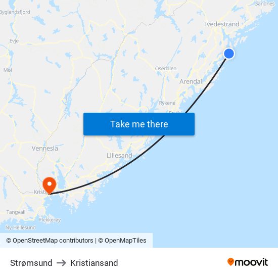 Strømsund to Kristiansand map