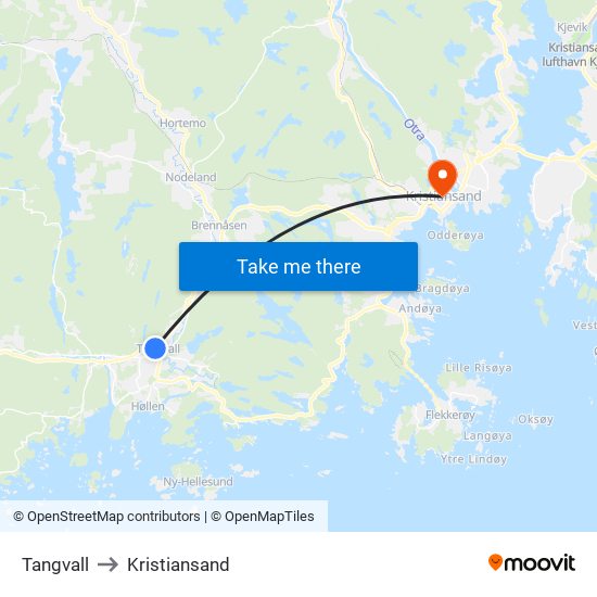 Tangvall to Kristiansand map