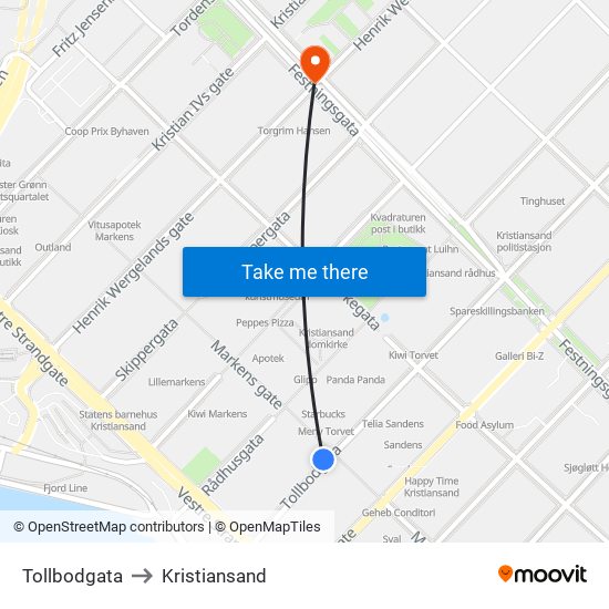 Tollbodgata to Kristiansand map