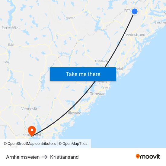 Arnheimsveien to Kristiansand map