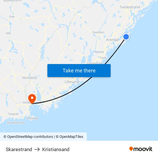 Skarestrand to Kristiansand map