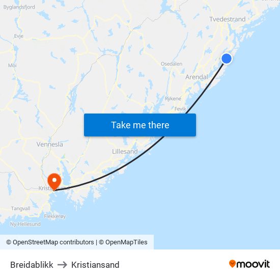 Breidablikk to Kristiansand map
