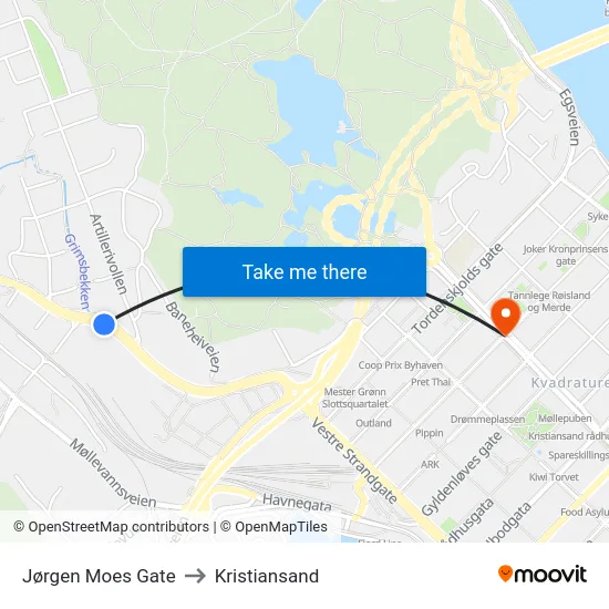 Jørgen Moes Gate to Kristiansand map