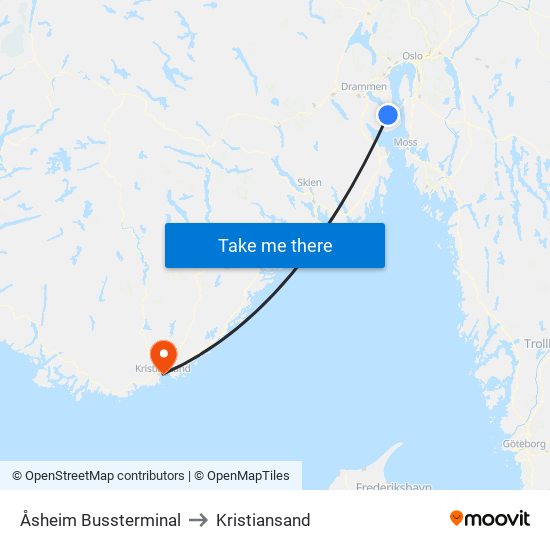 Åsheim Bussterminal to Kristiansand map