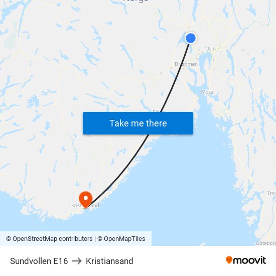 Sundvollen E16 to Kristiansand map