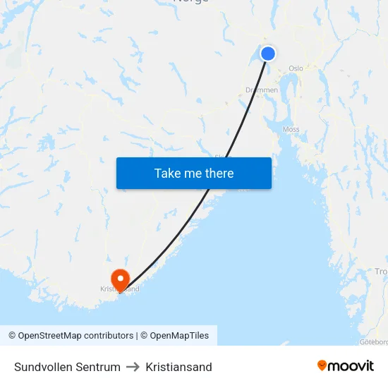 Sundvollen Sentrum to Kristiansand map