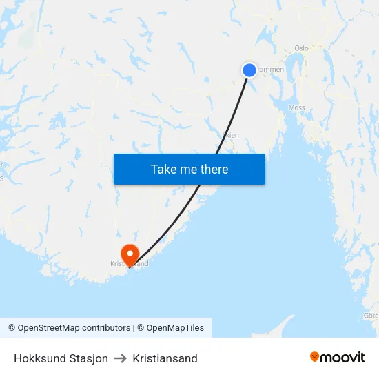 Hokksund Stasjon to Kristiansand map