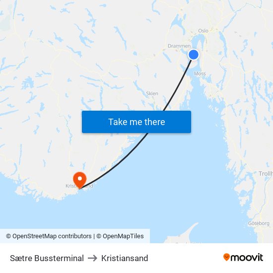 Sætre Bussterminal to Kristiansand map