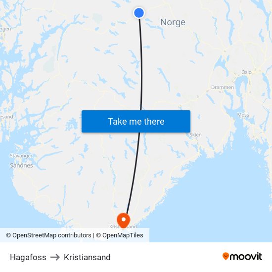 Hagafoss to Kristiansand map