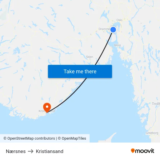 Nærsnes to Kristiansand map