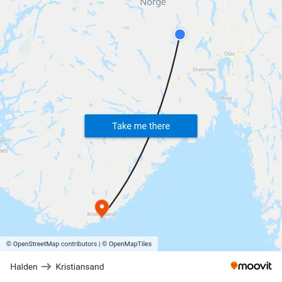 Halden to Kristiansand map