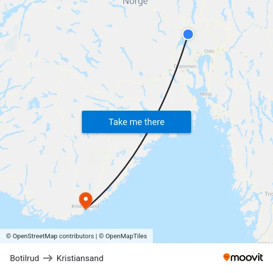 Botilrud to Kristiansand map
