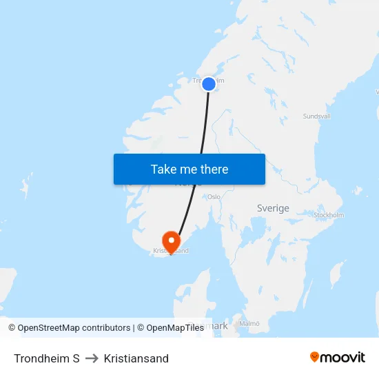 Trondheim S to Kristiansand map