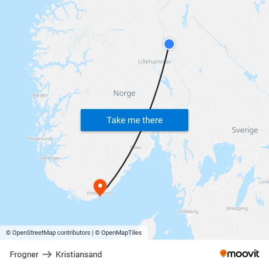 Frogner to Kristiansand map