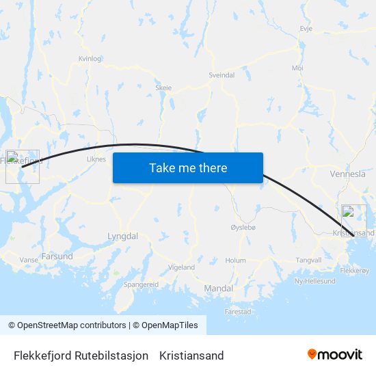 Flekkefjord Rutebilstasjon to Kristiansand map