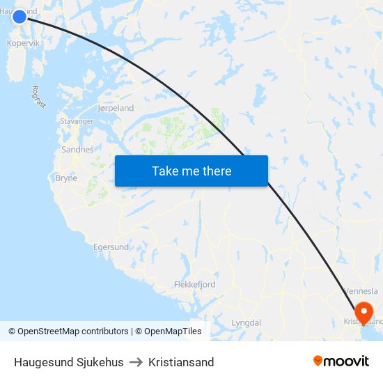 Haugesund Sjukehus to Kristiansand map