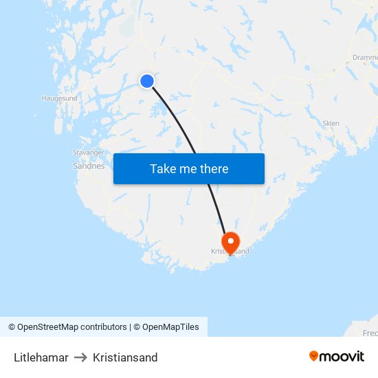 Litlehamar to Kristiansand map