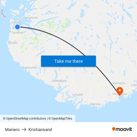 Mariero to Kristiansand map