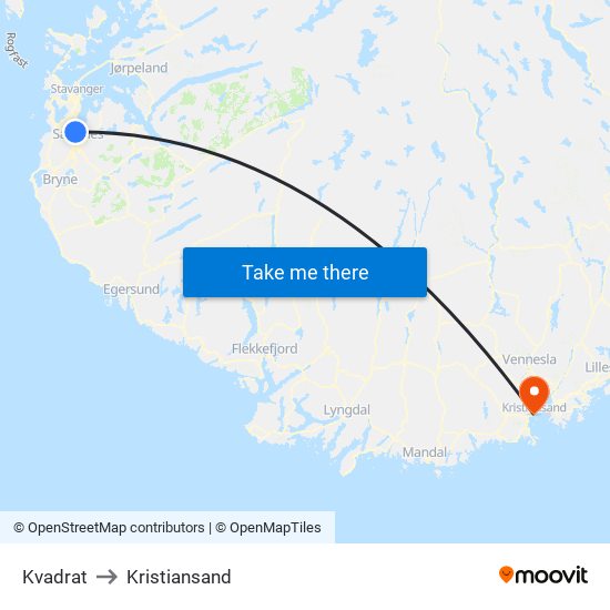 Kvadrat to Kristiansand map