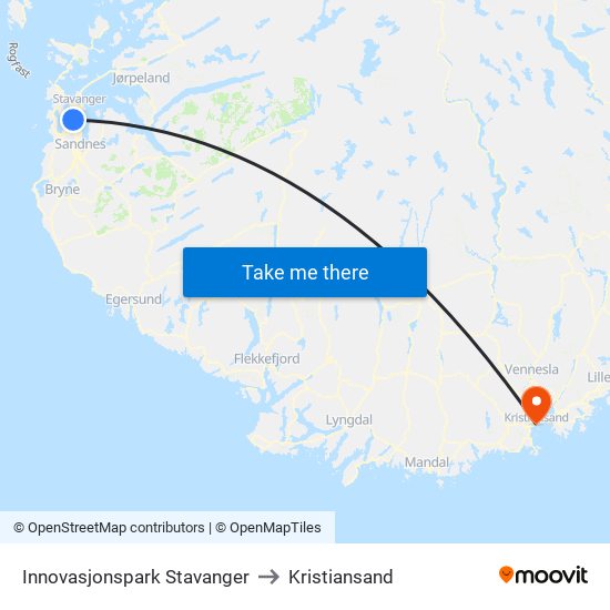 Innovasjonspark Stavanger to Kristiansand map