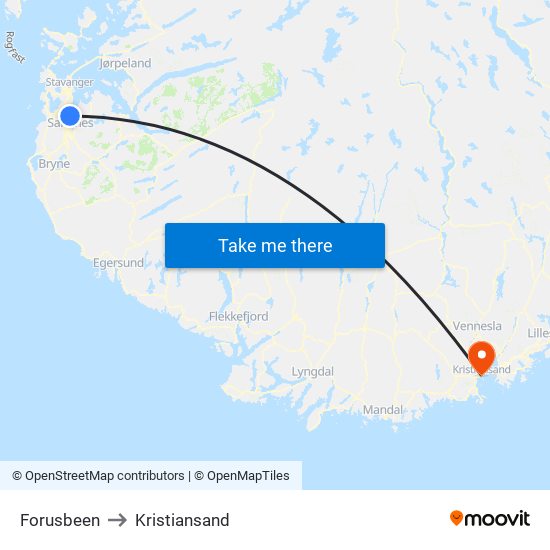 Forusbeen to Kristiansand map