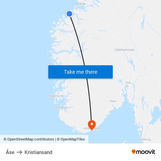 Åse to Kristiansand map