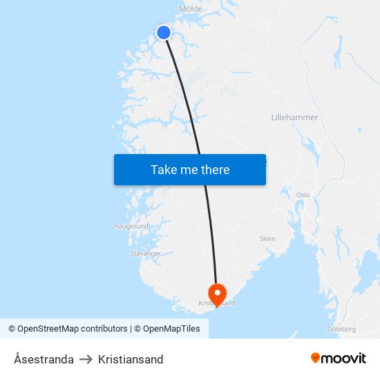 Åsestranda to Kristiansand map