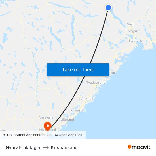 Gvarv Fruktlager to Kristiansand map
