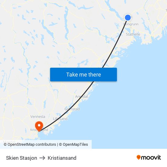 Skien Stasjon to Kristiansand map