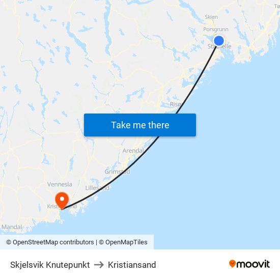 Skjelsvik Knutepunkt to Kristiansand map