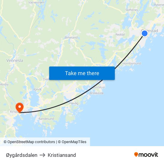 Øygårdsdalen to Kristiansand map