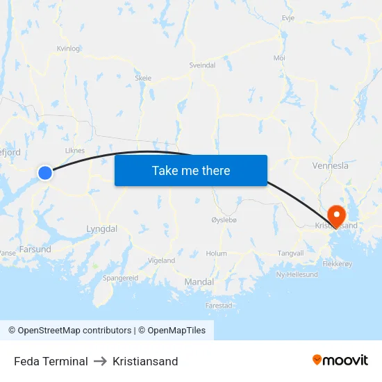 Feda Terminal to Kristiansand map