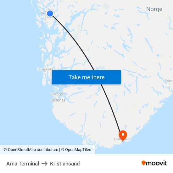 Arna Terminal to Kristiansand map