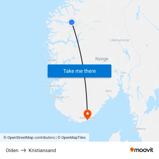 Olden to Kristiansand map
