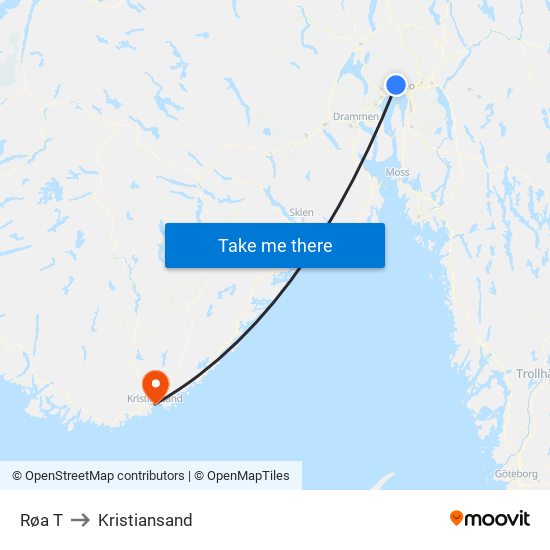 Røa T to Kristiansand map