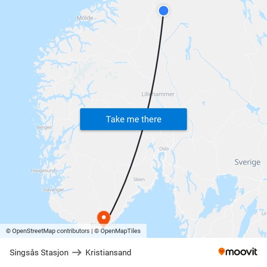 Singsås Stasjon to Kristiansand map