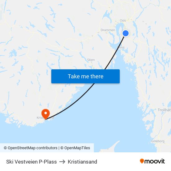 Ski Vestveien P-Plass to Kristiansand map