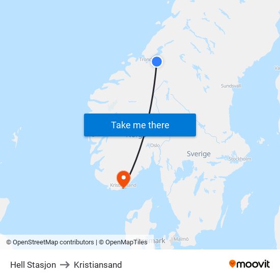 Hell Stasjon to Kristiansand map