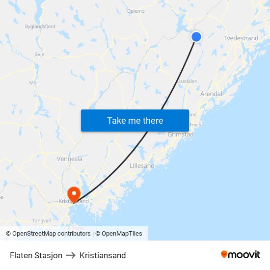 Flaten Stasjon to Kristiansand map